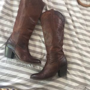 Frye Brown Stacked heel Knee High Western Boot